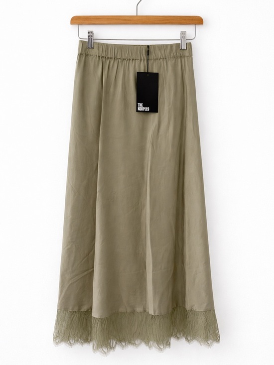 The Kooples Dresses & Skirts - The Kooples Midi Skirt Size 0 Khaki Green Lace Trim Satin
Elastic Waist NWT